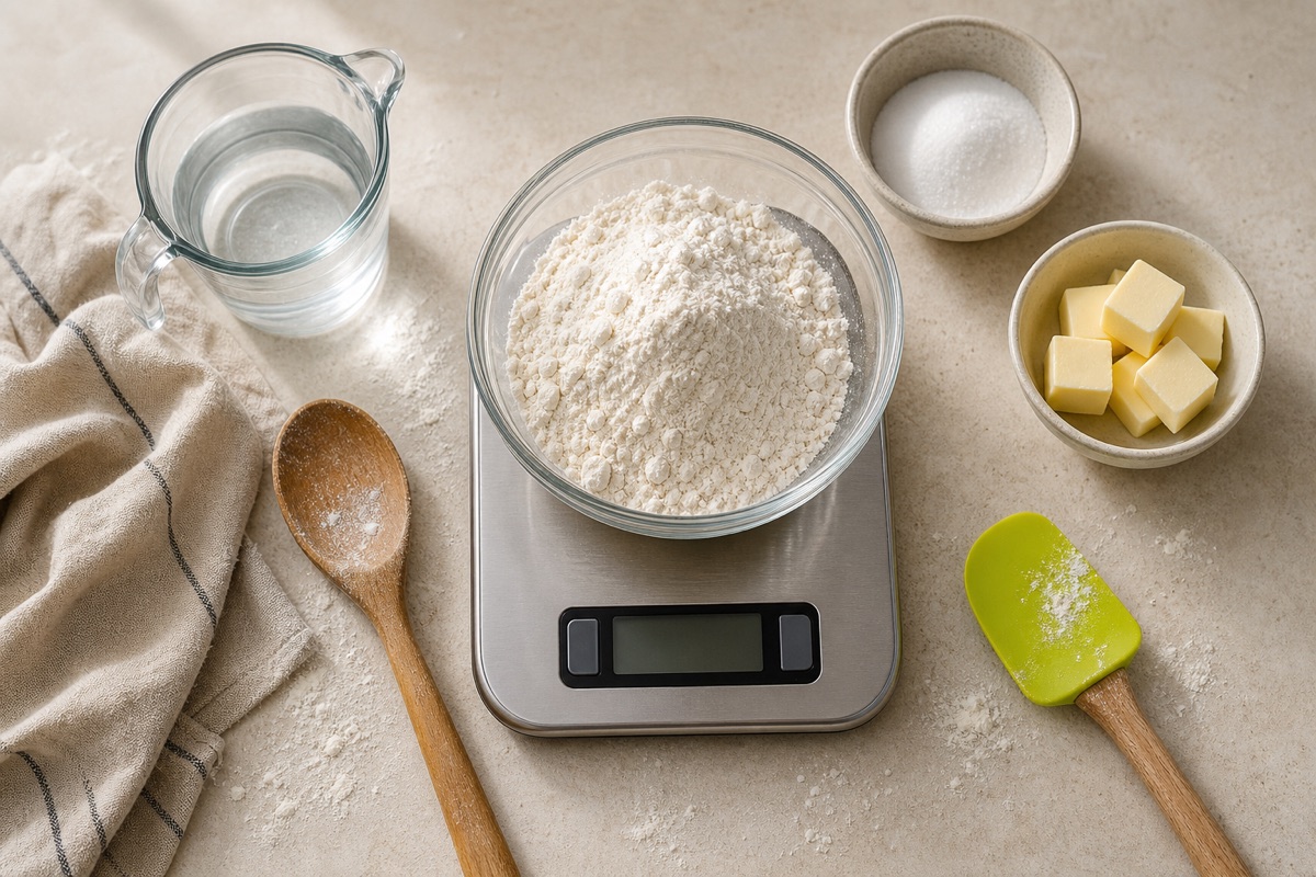 How to convert grams to cups with a digital scale, flour, measuring cup, sugar and butter