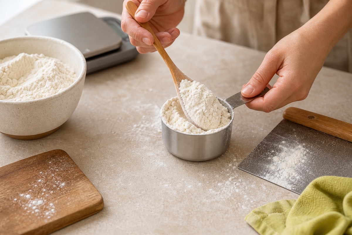 How to measure flour correctly by spooning it into a metal cup beside a kitchen scale