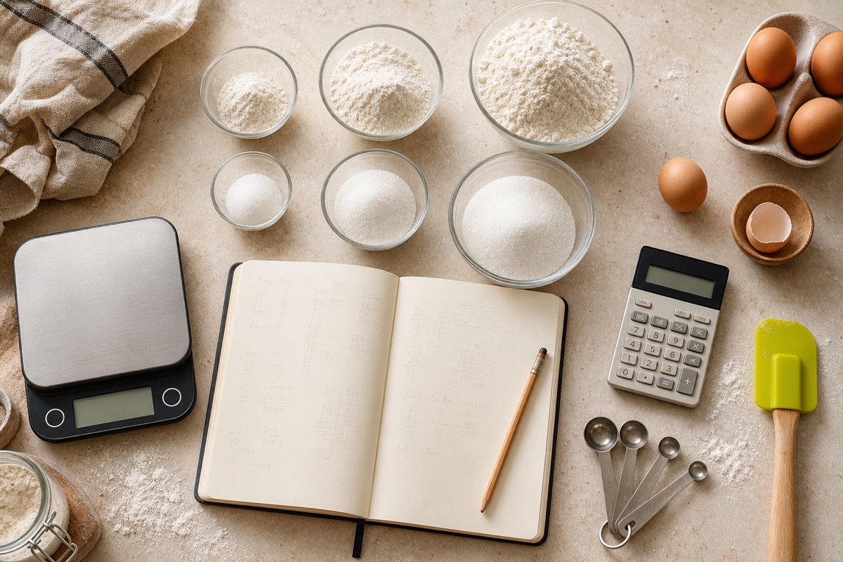 How to scale a recipe using a scale, calculator, notebook and graduated ingredient bowls